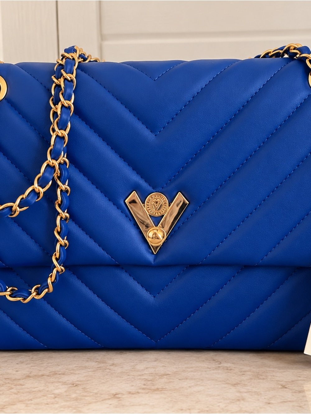 Valentino Orlandi Electric Blue Quilted Chain Crossbody - Gold Hardware